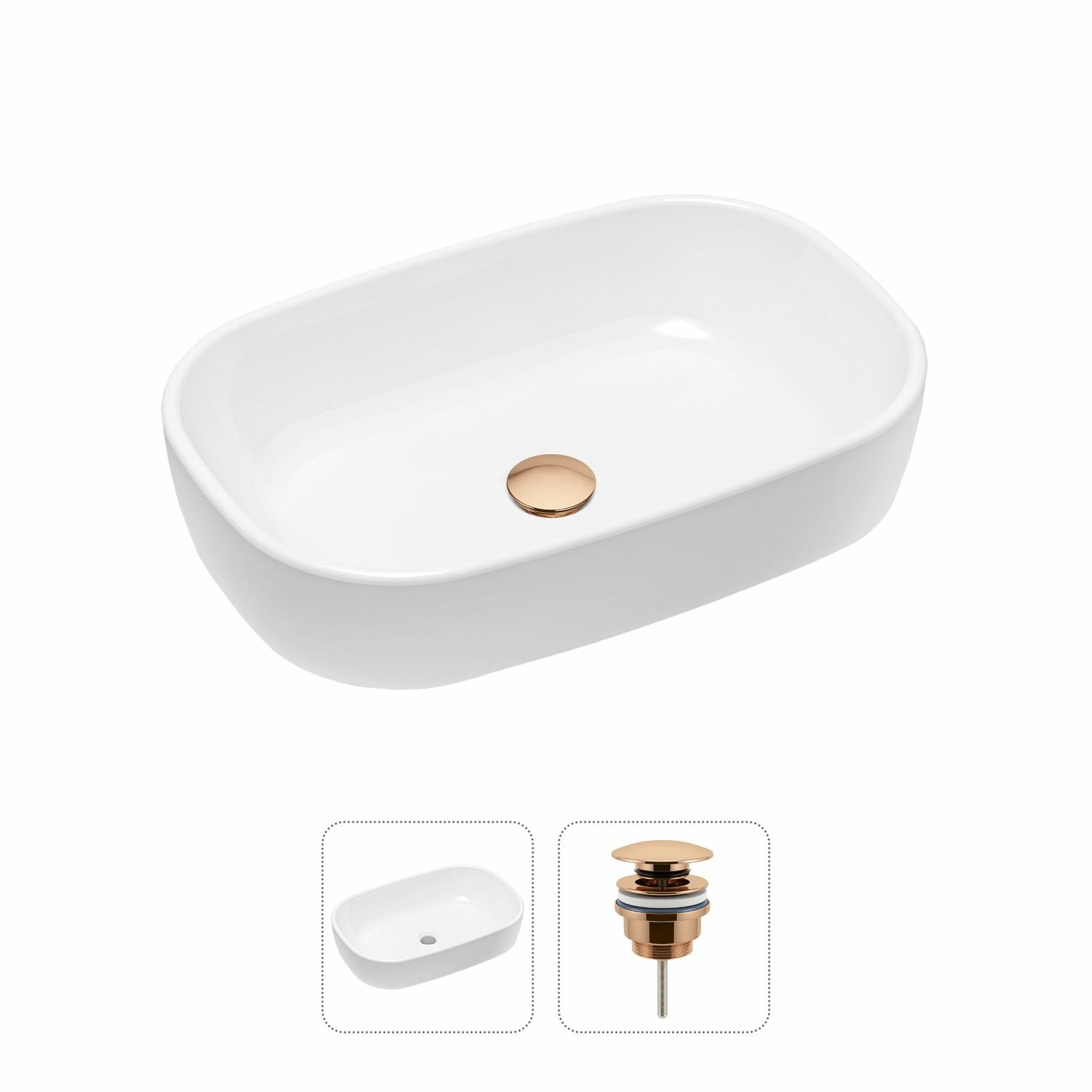 Накладная раковина в ванную Lavinia Boho Bathroom Sink 21520795 в комплекте 2 в 1: умывальник белый, донный клапан в цвете розовое золото - фотография № 1