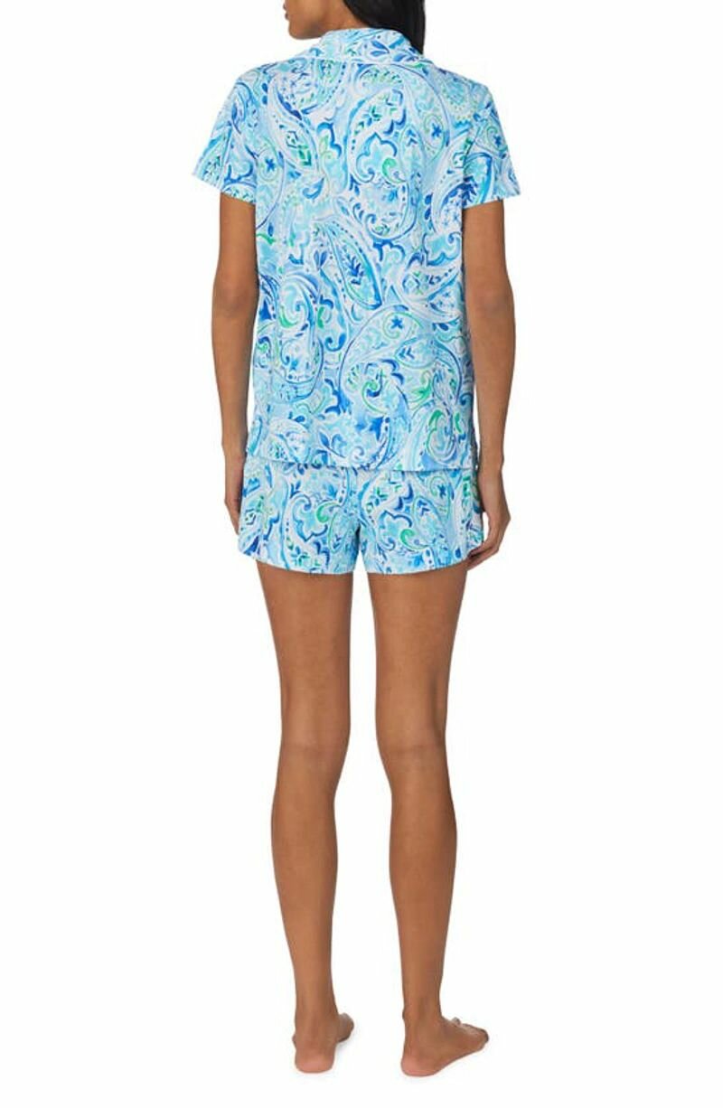 Пижама Ralph Lauren М сине-голубая с цветочным принтом шорты на кулиске и рубашка с коротким рукавом, кантом и логотипом - фотография № 2