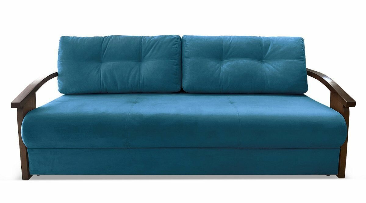 Прямой диван кровать AH!DIVAN (АхДиван) "Анкона Д" 215x105х84 см, раскладной механизм еврокнижка, деревянные подлокотники, синий велюр - фотография № 1