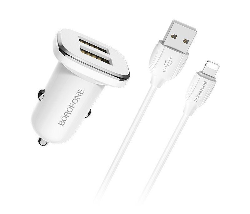 Автомобильное зарядное устройство Borofone BZ12i АЗУ 2USB 2.4A для Lightning 8-pin Белый (iPhone)