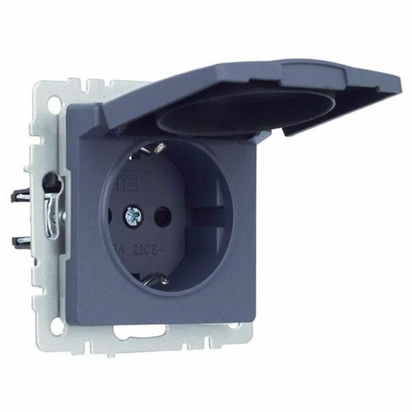 фото Штепсельная розетка встраиваемая IEK BRITE 16А BR-R16-16-44-K35 РСбш10-3-44-БрМ с з/к и шторками с крышкой маренго IP44
