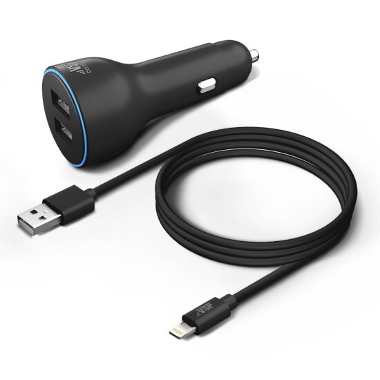 Зарядное устройство автомобильное BoraSco 2*USB, 2,4A, дата-кабель 8pin, 2А, 1м черное - фото №1