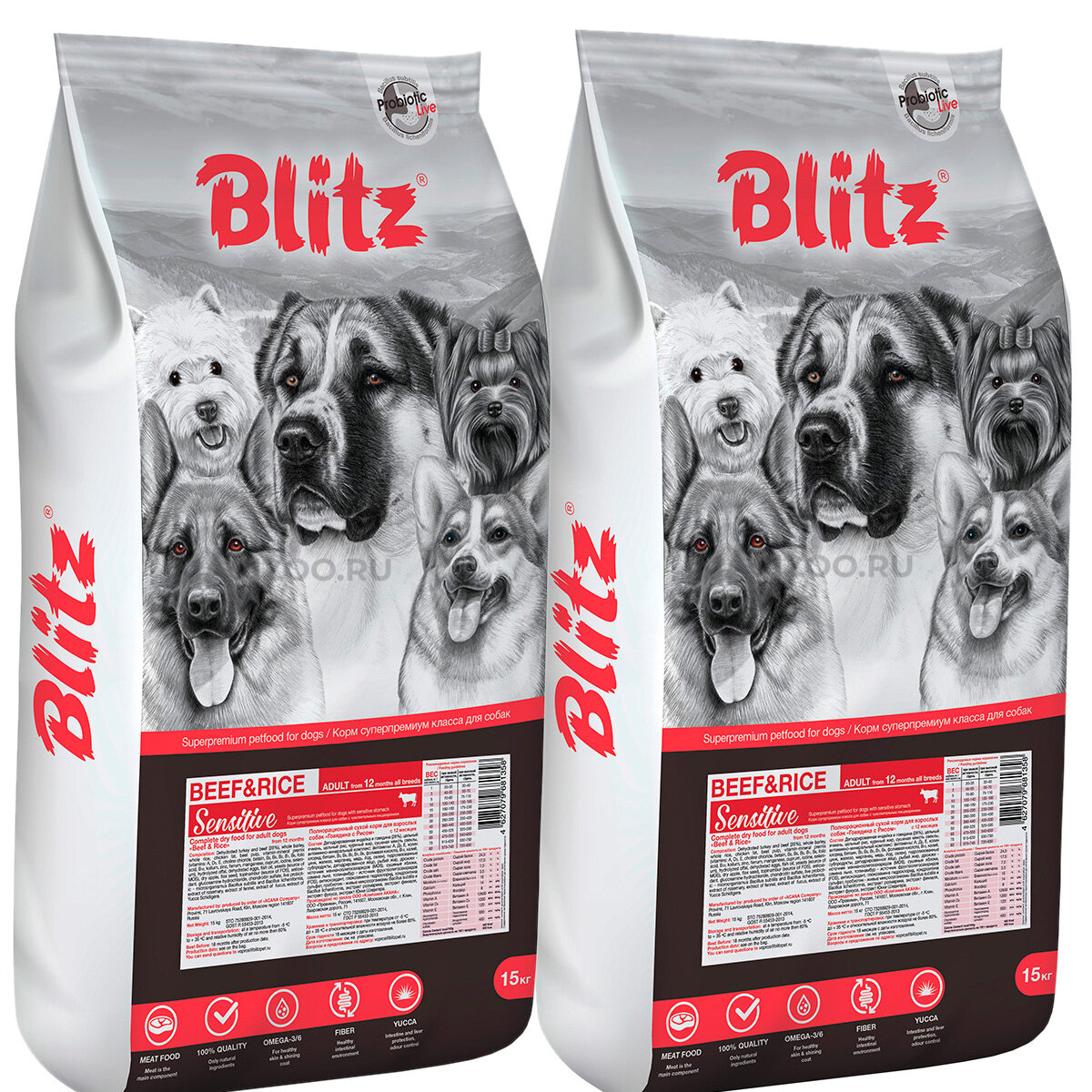 BLITZ SENSITIVE ADULT ALL BREEDS BEEF & RICE для взрослых собак всех пород с говядиной и рисом (15 + 15 кг)