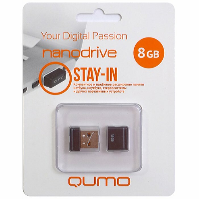 Флешка Qumo Nano 8 Гб usb 2.0 Flash Drive - чёрная