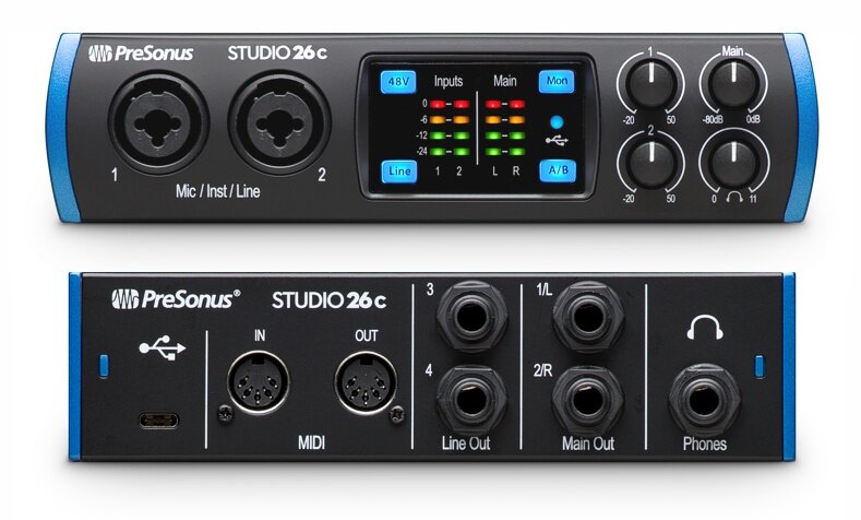 PreSonus Studio 26C аудио/MIDI интерфейс, USB-C 2.0, 2 вх/4 вых каналов, предусилители XMAX, до 24 б