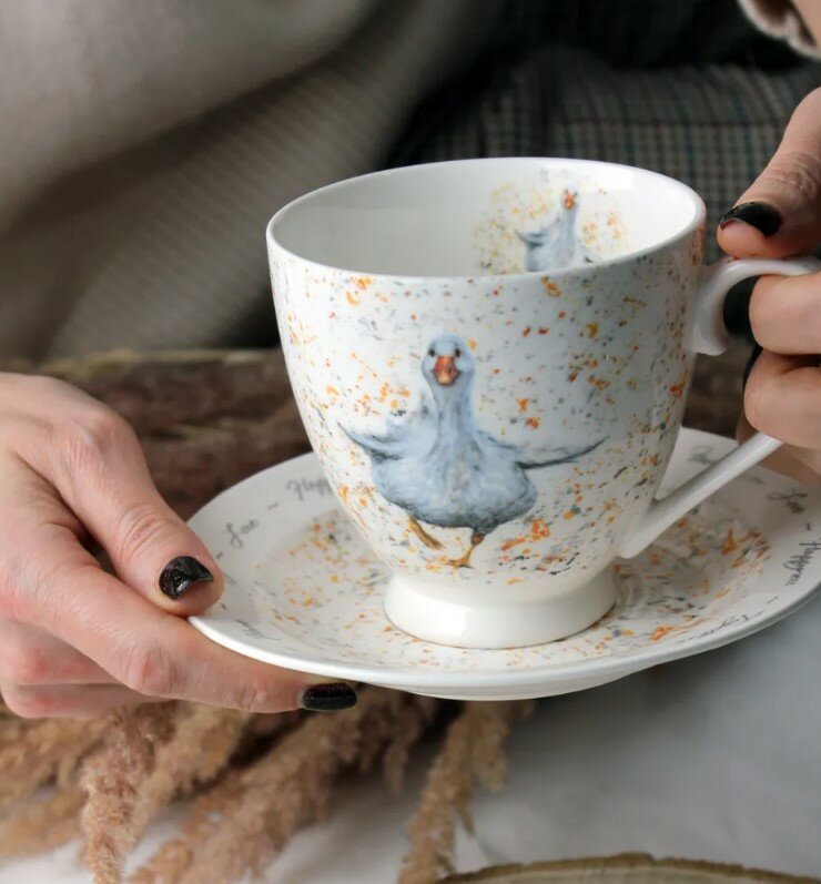 Чайная пара белая чашка с блюдцем принтом Goose Гусеныш 440мл фарфор - фотография № 7