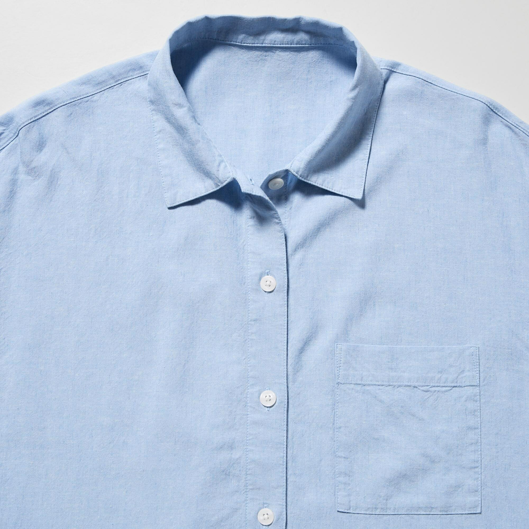 Комплект из смеси льна с короткими рукавами и шортами, синий, L - фотография № 6