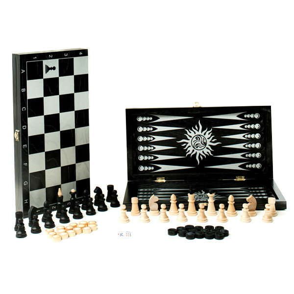 Фабрика игр Игра 3в1 малая черная, рисунок серебро с обиходными деревянными шахматами "Объедовские" (нарды, шашки и шахматы.)