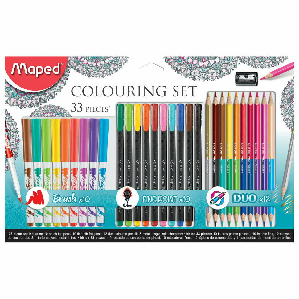 Набор для творчества MAPED Colouring Set, 10 фломастеров, 10 капиллярных ручек, 12 двусторонних цветных карандашей, точилка (897417) - фото №1