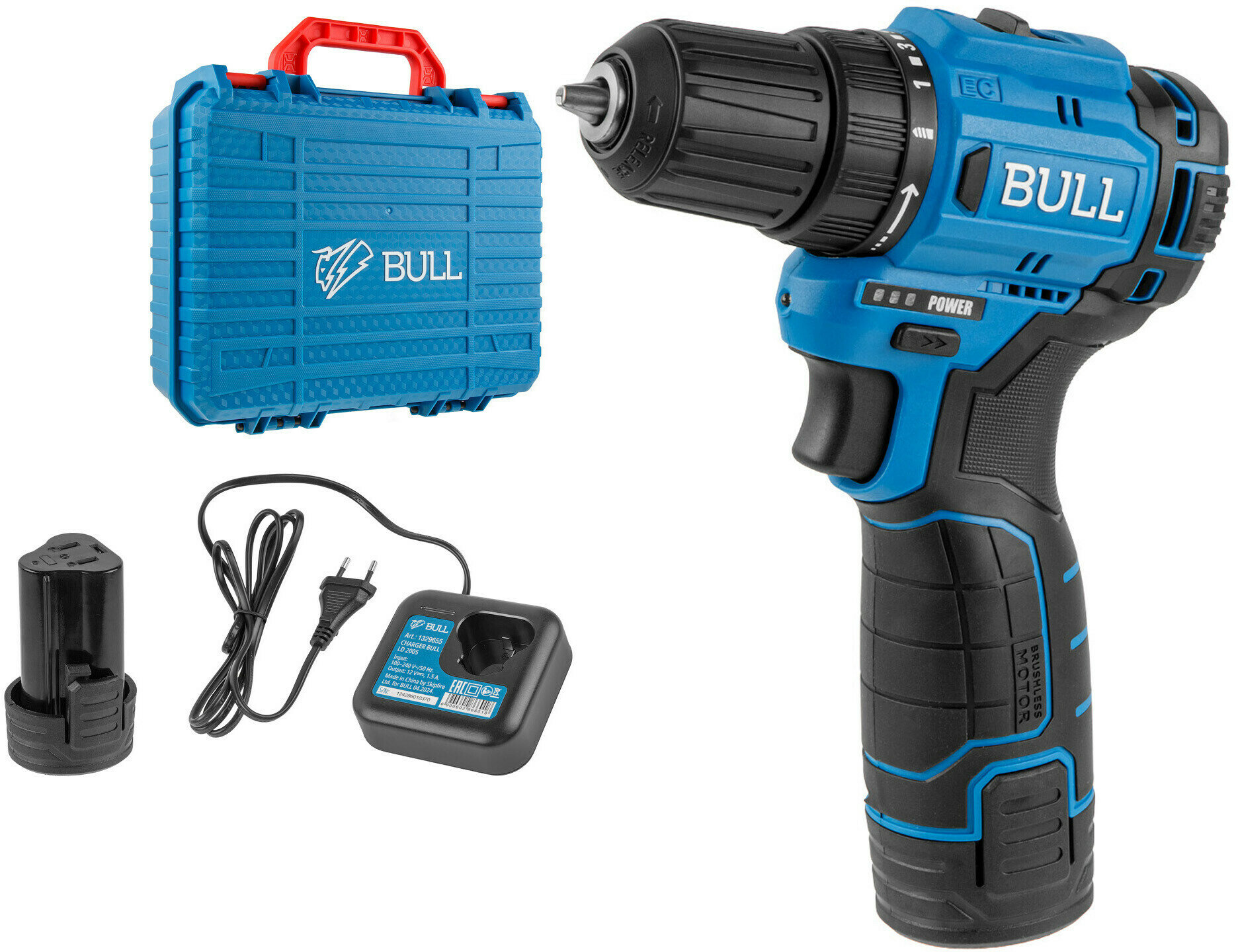 фото Аккум. дрель-шуруповерт BULL SR 1203 в чем. Бесщет., 12 В, 37 Н*м, 2*2 А*ч акб, БЗП 10 мм (шурупы до 8 мм) (1329601)