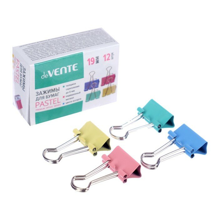 фото Зажимы для бумаг 19 мм, 12 штук, deVENTE, металлические, микс х 4 цвета, картонная коробка./В упаковке шт: 1