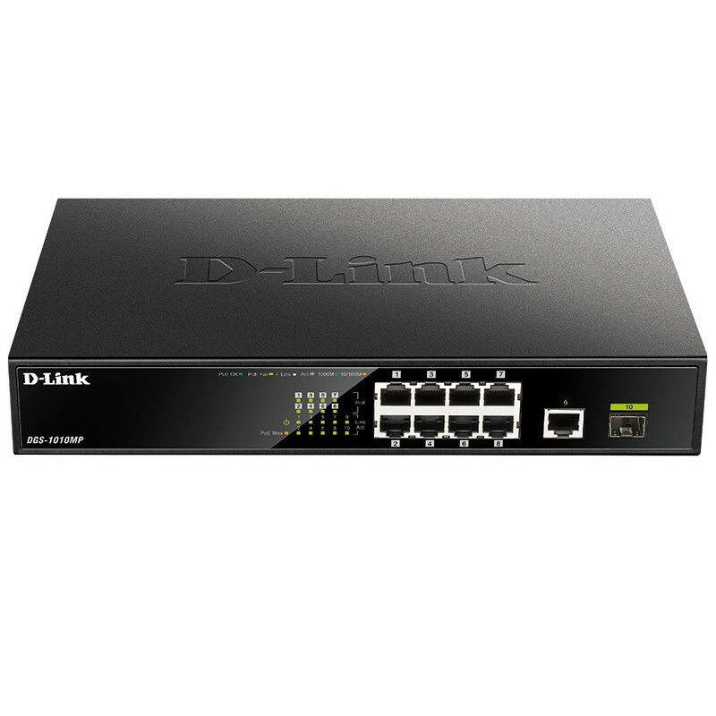 D-Link DGS-1010MP A1A Неуправляемый коммутатор с 9 портами 10 100 1000Base-T, 1 портом 1000Base-X SFP, функцией энергосбережения и поддержкой QoS 8 портов с поддержкой PoE 802.3af 802.3at 30 Вт