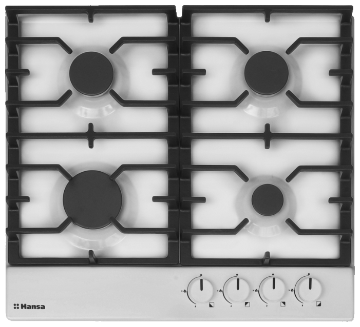 Встраиваемая варочная панель HANSA/ Варочная поверхность, газовая BHGW630301, 4 газовых конфороки (1х5,3см,2х7,3cм, 1х9,8см), чугунные решетки, автопо