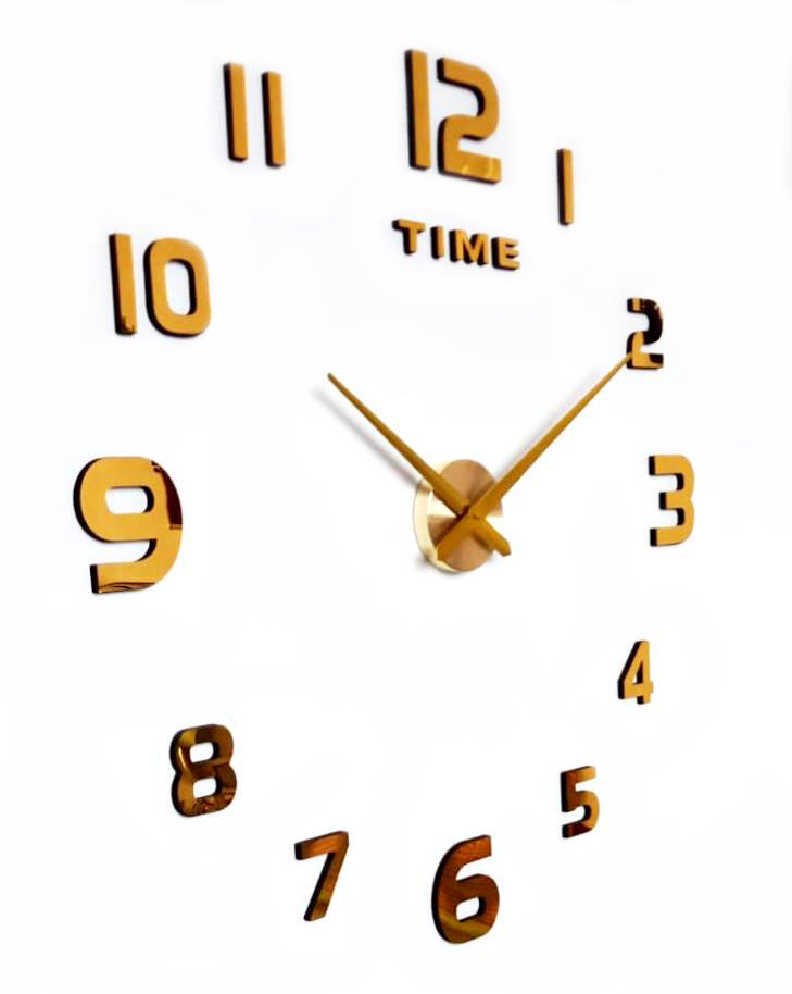 Часы большие кварцевые самоклеящиеся бескаркасные настенные 3D до 120 см DIY цифры золотые арабские A022G