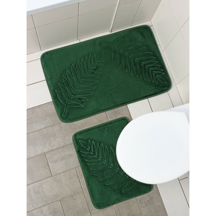 Набор ковриков для ванной и туалета Доляна «Тропики», 2 шт: 40×50, 50×80 см, цвет хаки - фотография № 1