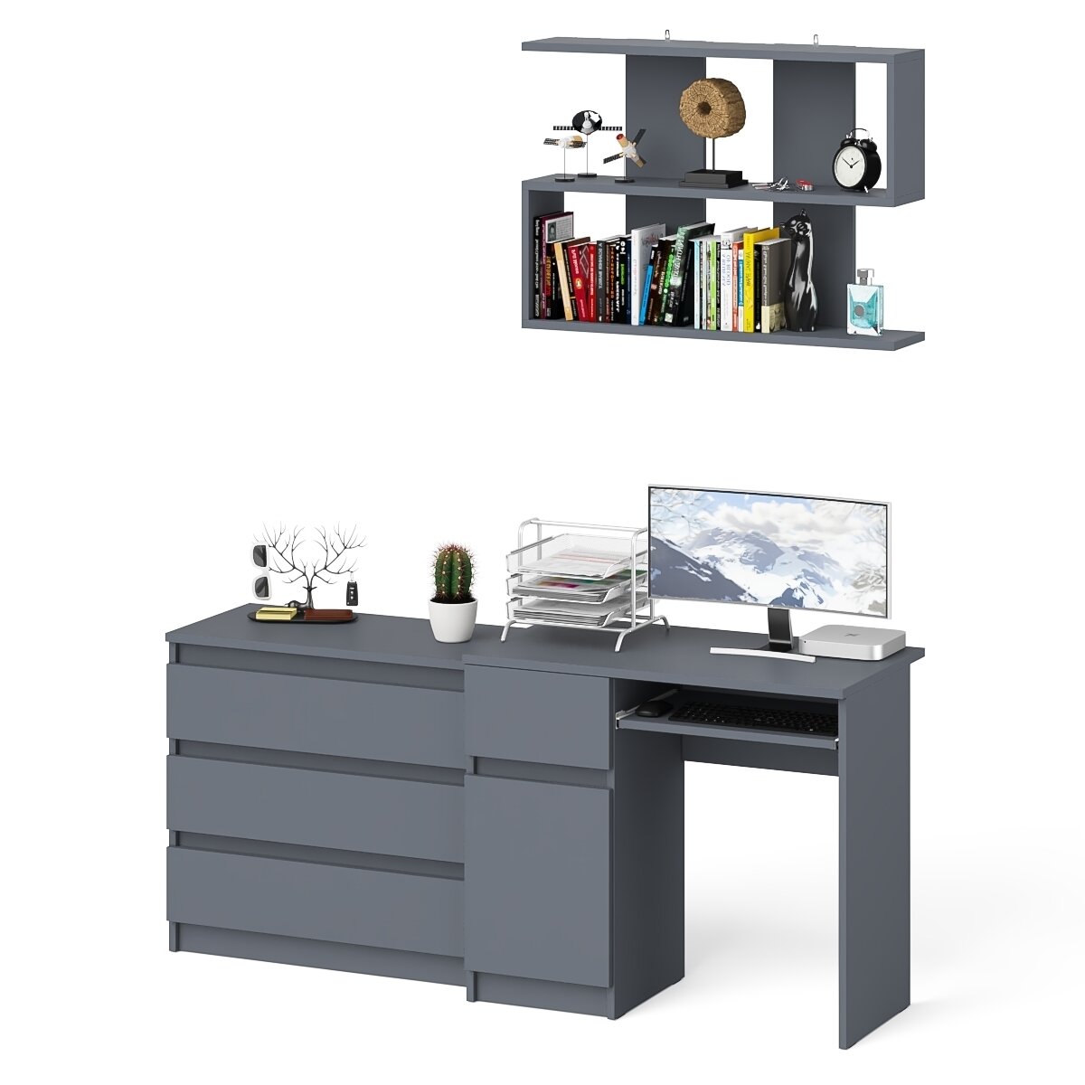 фото Стол компьютерный Мори МС-1 левый + Комод МК800.1 + Полка 900, цвет графит
