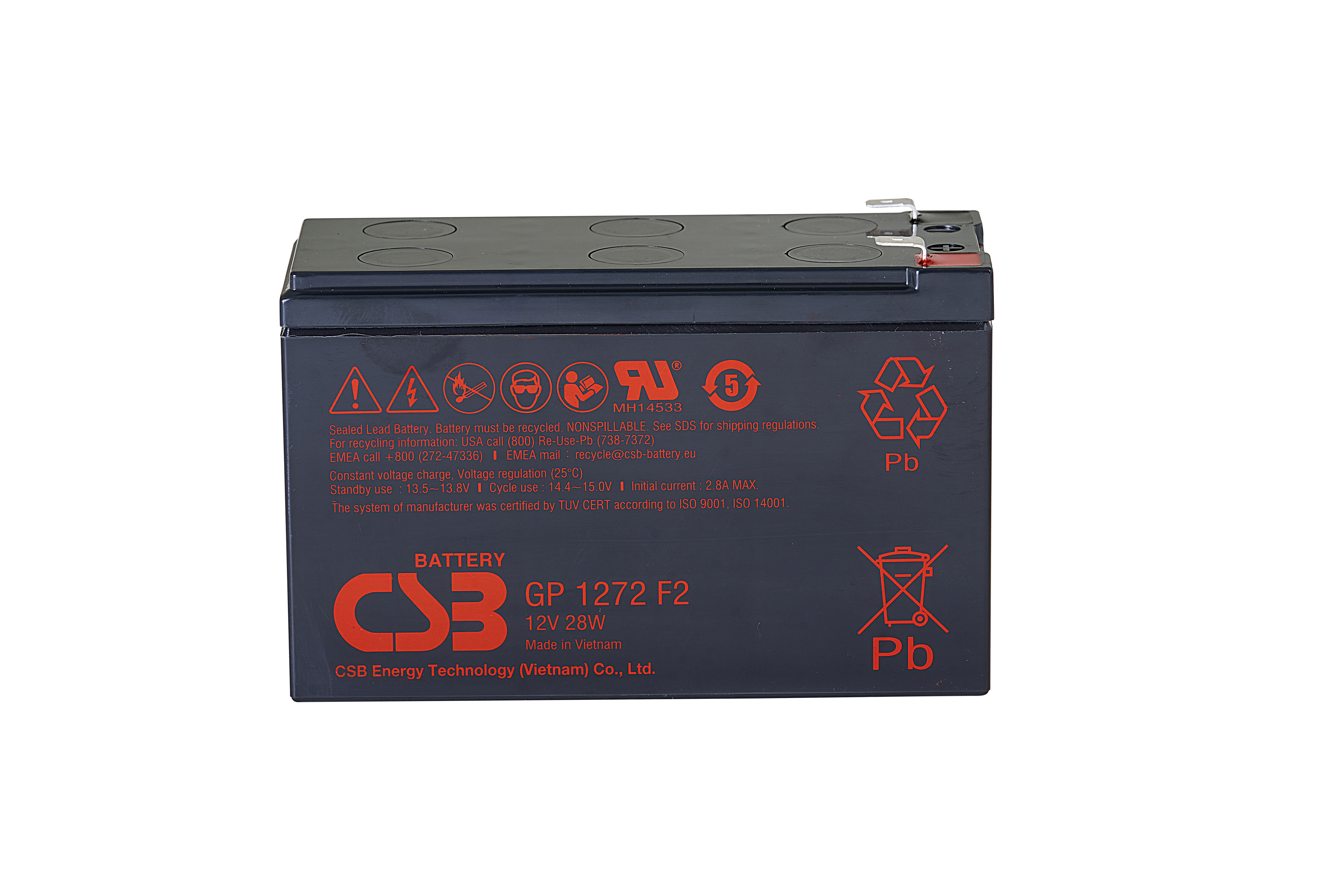 CSB GP1272 F2 (12V28W) Батарея CSB серия GP GP1272 F2 (12V28W)  напряжение 12В емкость 7Ач (разряд 20 часов) емкость 28 Вт/Эл при 15-мин. разряде до U кон. - 1.67 В/Эл при 25 °С макс. ток разряда (5 сек.) 130А