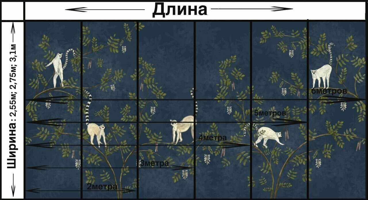 Обои бесшовные Лемуры Синий (текстура листья) (ширина 2550мм х длина 4500мм) - фотография № 4