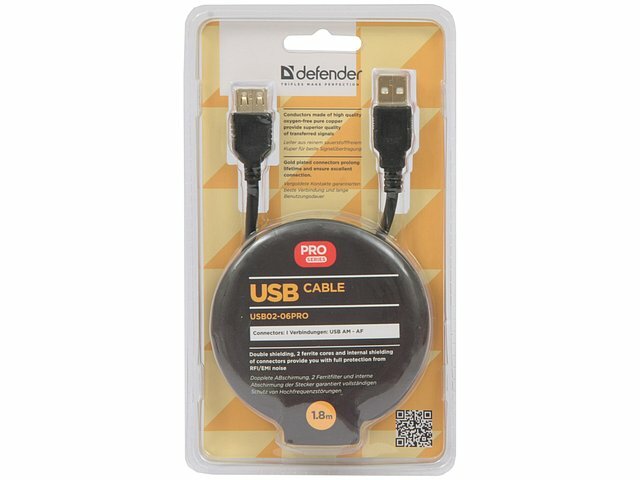 Удлинитель Defender Удлинитель USB2.0 Defender USB02-06PRO 87429, с позолоченными контактами, с ферритовыми кольцами, экранированный (1.8м) (ret)
