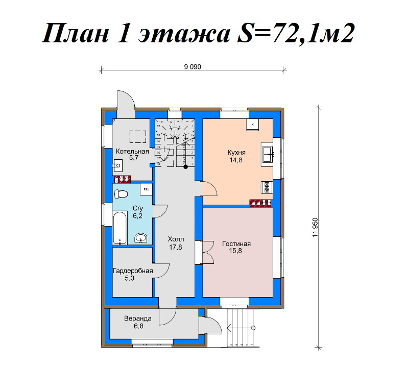 Проект жилого дома SD-proekt 15-0033 (138,7 м2, 9,09*11,95 м, газобетонный блок 375 мм, облицовочный кирпич) - фотография № 5