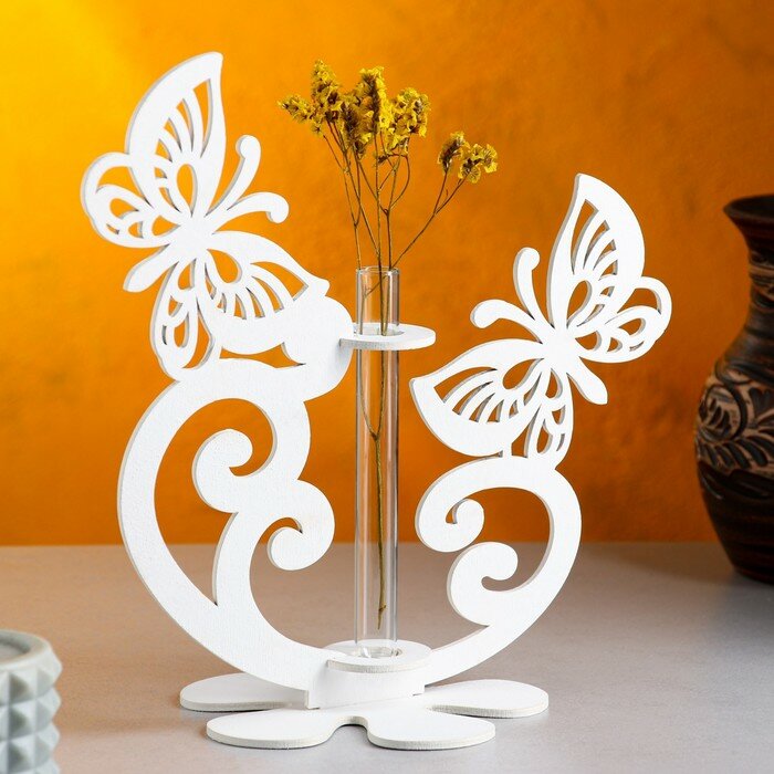 фото Кашпо деревянное 13.5×13×26.5 см с 1 колбой "Бабочки", белый Дарим Красиво