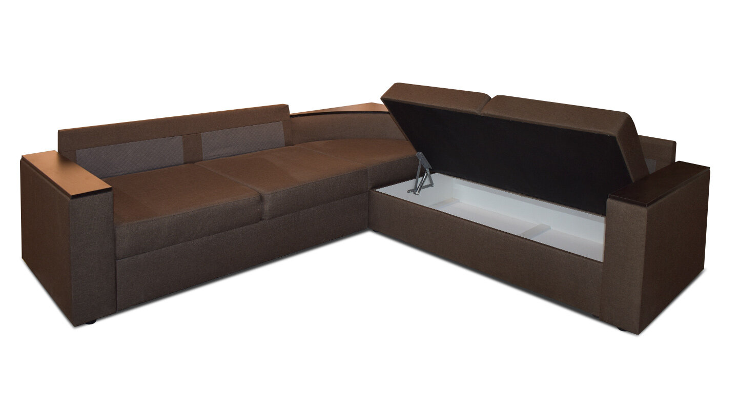 Угловой диван Фоборг с полкой и деревянными подлокотниками 237х237х86 см, коричневый рогожка - фотография № 6