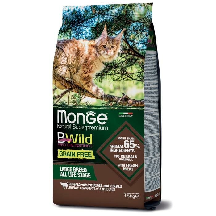 Сухой корм Monge Cat BWild GRAIN FREE для крупных кошек, беззерновой, мясо буйвола, 1,5 кг - фотография № 1