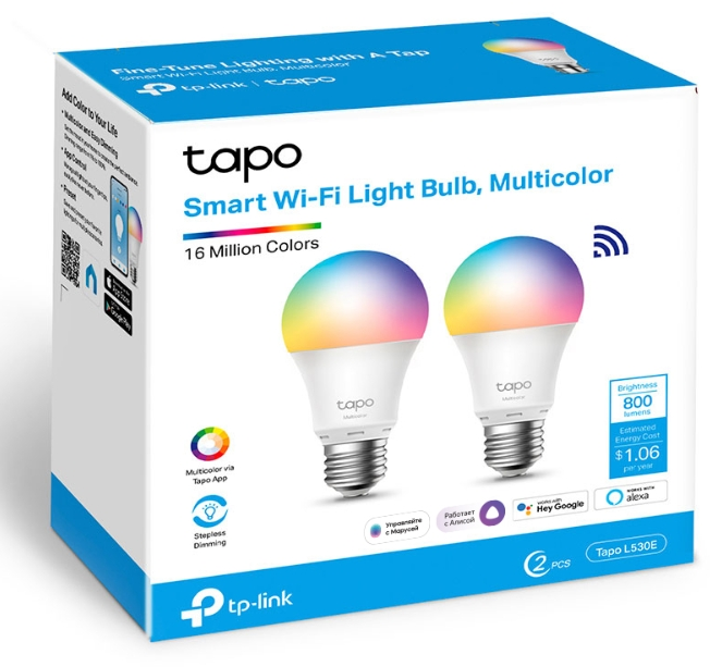 Умная лампа TP-Link TAPO L530E(2-PACK) E27 8.7Вт 806lm Wi-Fi (упак:2шт)