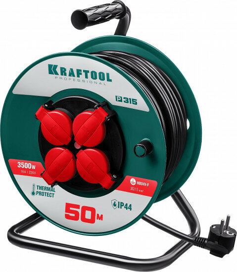 KRAFTOOL P-315 удлинитель на катушке, 50 м, 3500 Вт, 4 гнезда, IP44, ПВС 3x1,5 кв мм, KRAFTOOL