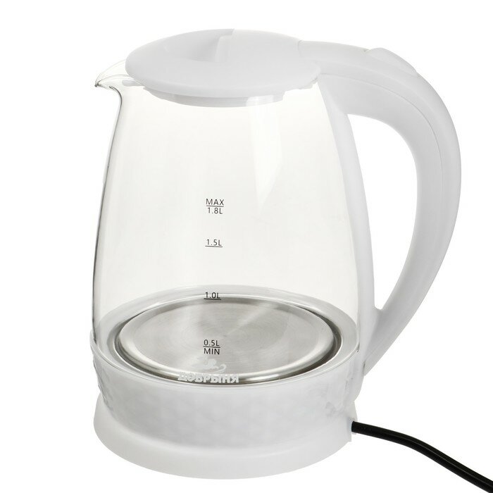 Чайник электрический "Добрыня" DO-1252W, стекло, 1.8 л, 1800 Вт, белый - фотография № 1