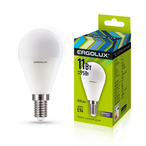 Светодиодная лампа шарик 11Вт Е14 6500К (дневной свет свечения) - LED-G45-11W-E14-6K (Ergolux ) (код заказа 13629 )