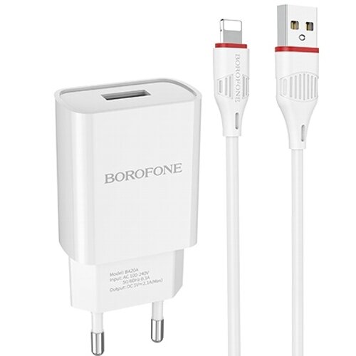 Сетевой адаптер питания Borofone BA20A Sharp White зарядка 2.1А 1 USB-порт + кабель Lightning для App, белый