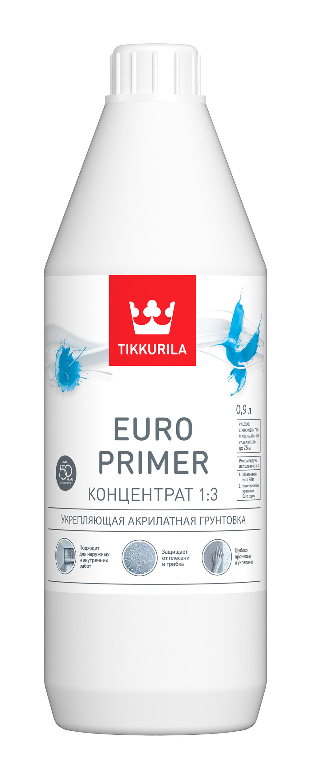 Tikkurila Euro Primer, укрепляющая грунтовка глубокого проникновения с добавками против грибков и плесени. Концентрат 1:3, 0,9л