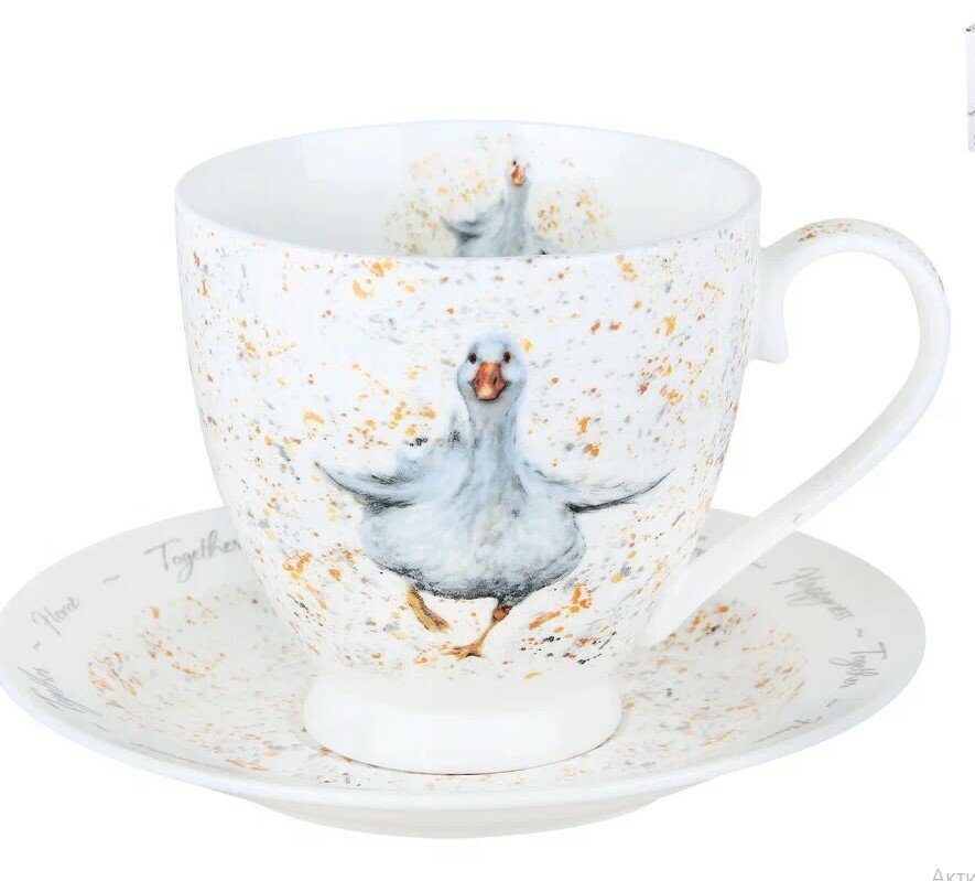 Чайная пара белая чашка с блюдцем принтом Goose Гусеныш 440мл фарфор - фотография № 1