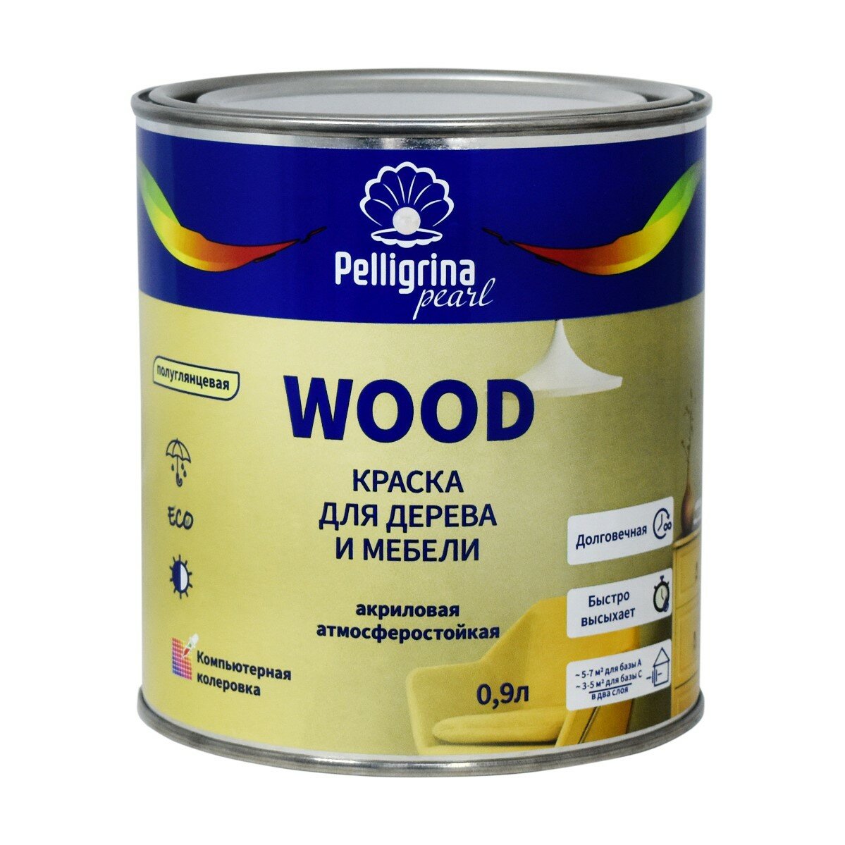 Краска для дерева и мебели Pelligrina Pearl Wood акриловая база С бесцветная 09 л