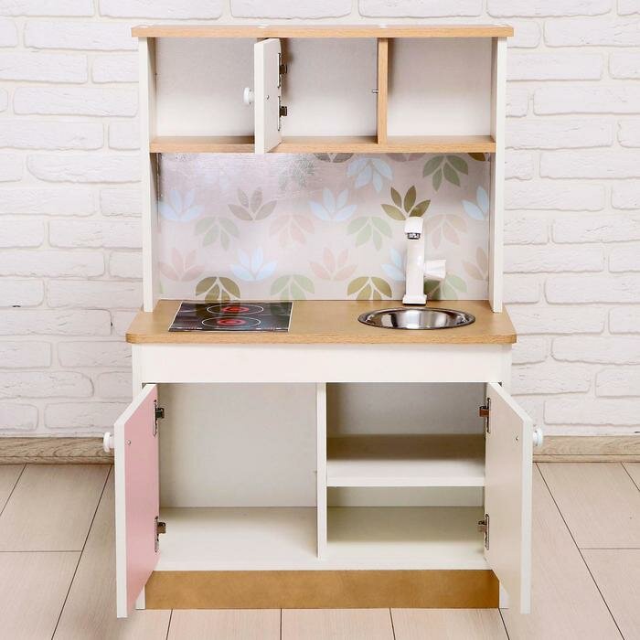 Игровая мебель «Детская кухня», цвет корпуса бело-бежевый, цвет фасада бело-розовый, фартук цветы - фотография № 4