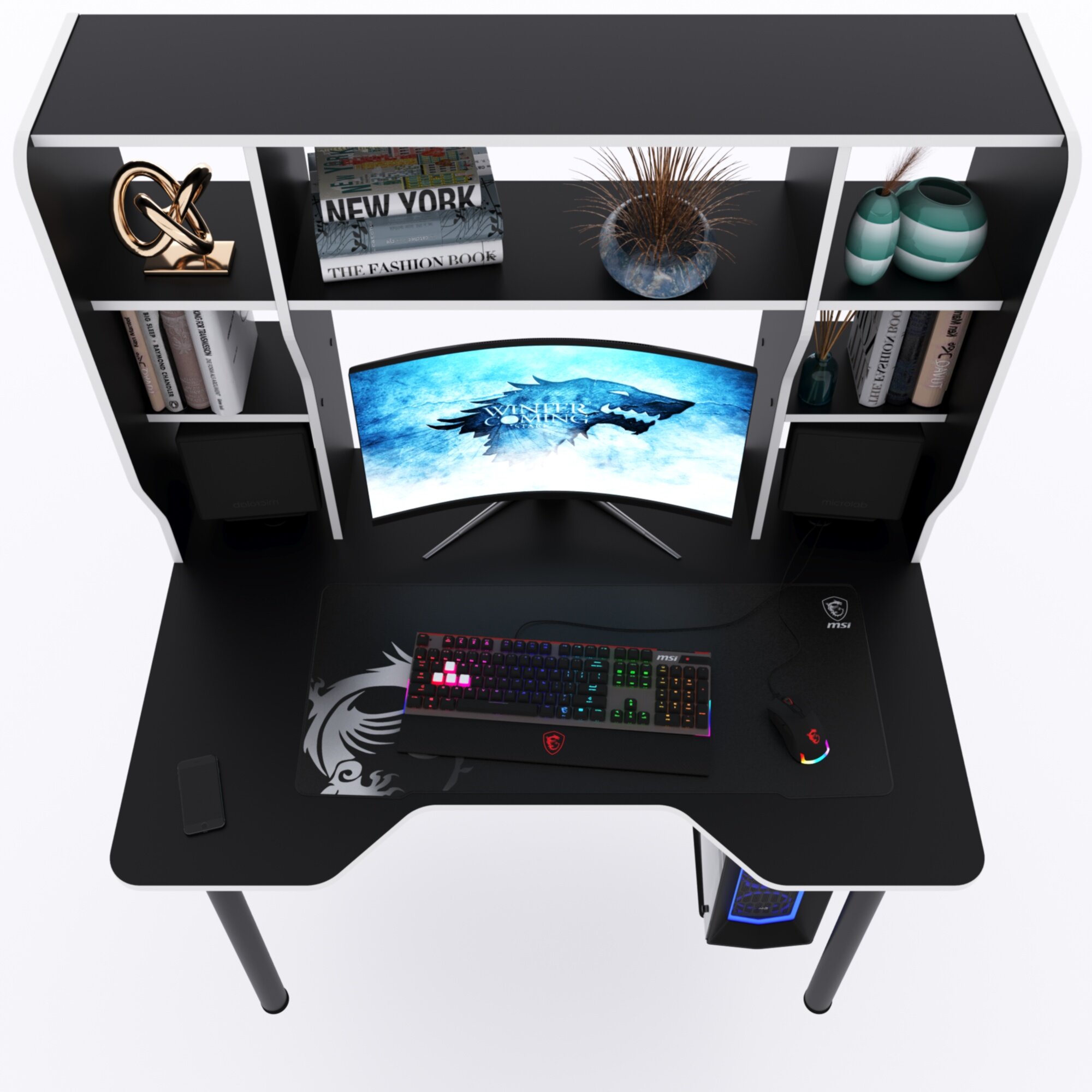 Компьютерный стол с надстройкой "Stalker", 140х90х152,6 см, чёрный с белой кромкой - фотография № 3
