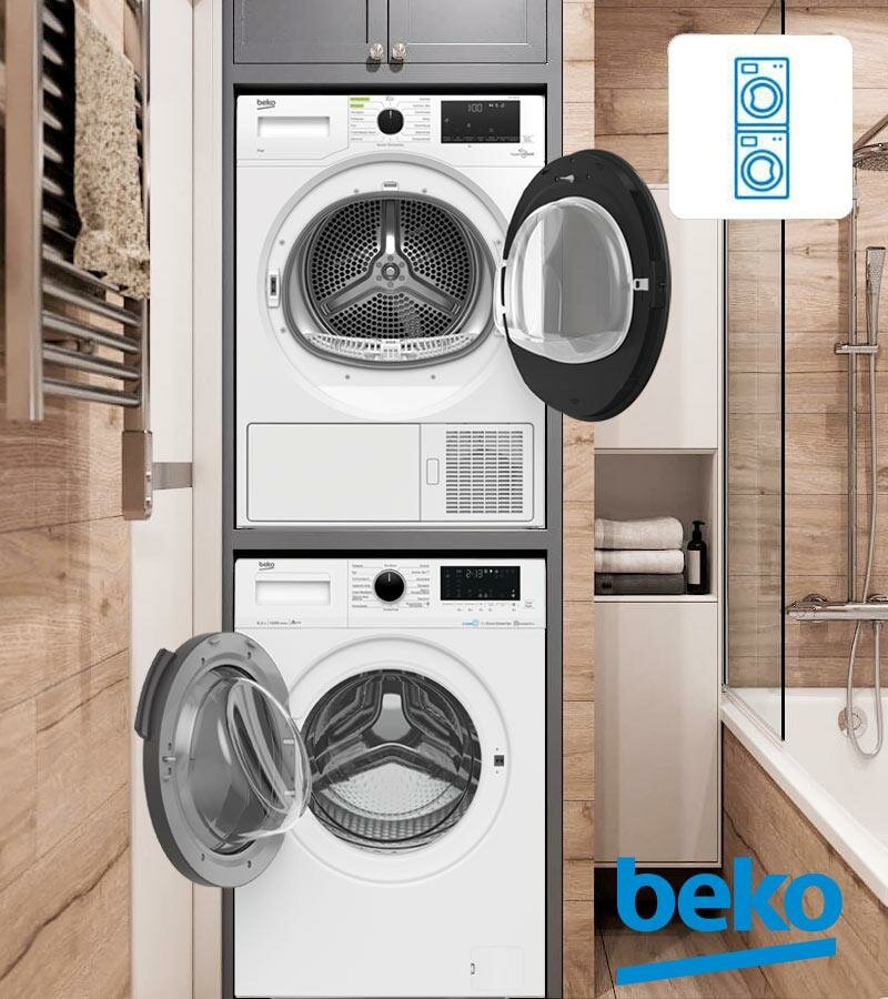 BEKO комплект для установки в колонну Стиральная машина WSPE6H616W + Сушильная машина DF7439SXUV + соединительный элемент