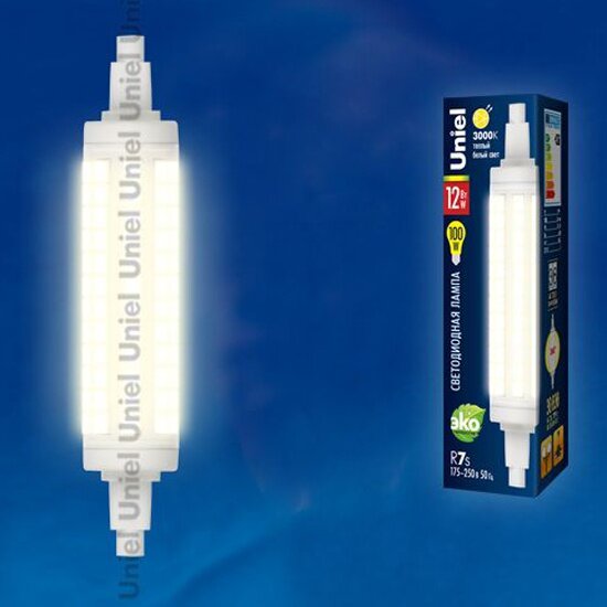 Светодиодная лампа UNIEL LED-J118-12W/WW/R7s/CL PLZ06WH Прозрачная. Теплый белый свет. Картон. ТМ .