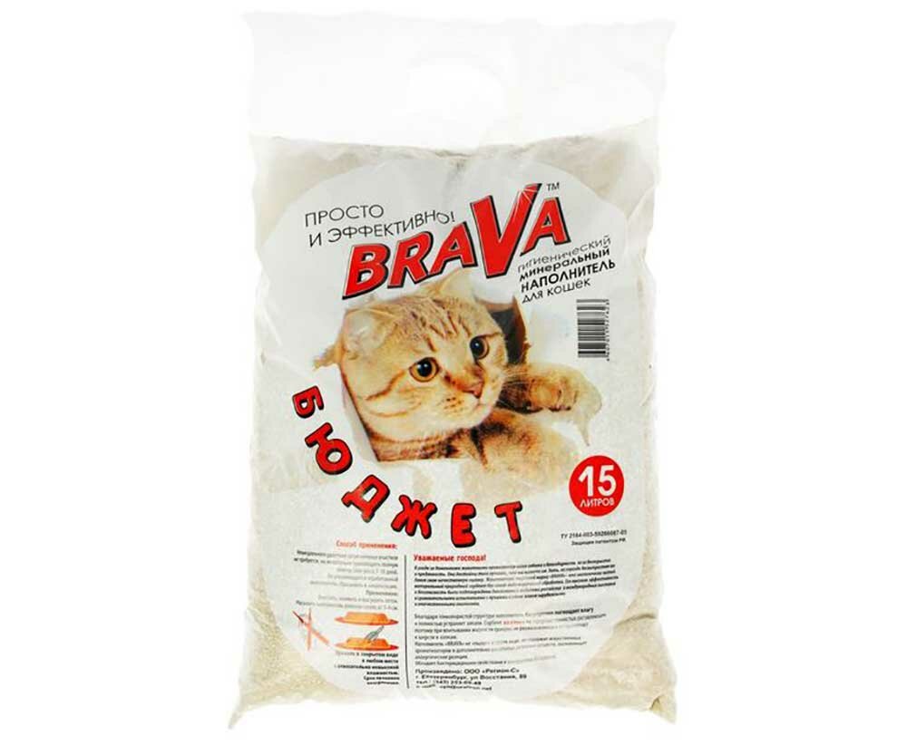 BRAVA Бюджет наполнитель минеральный впитывающий для кошачьих туалетов 15л