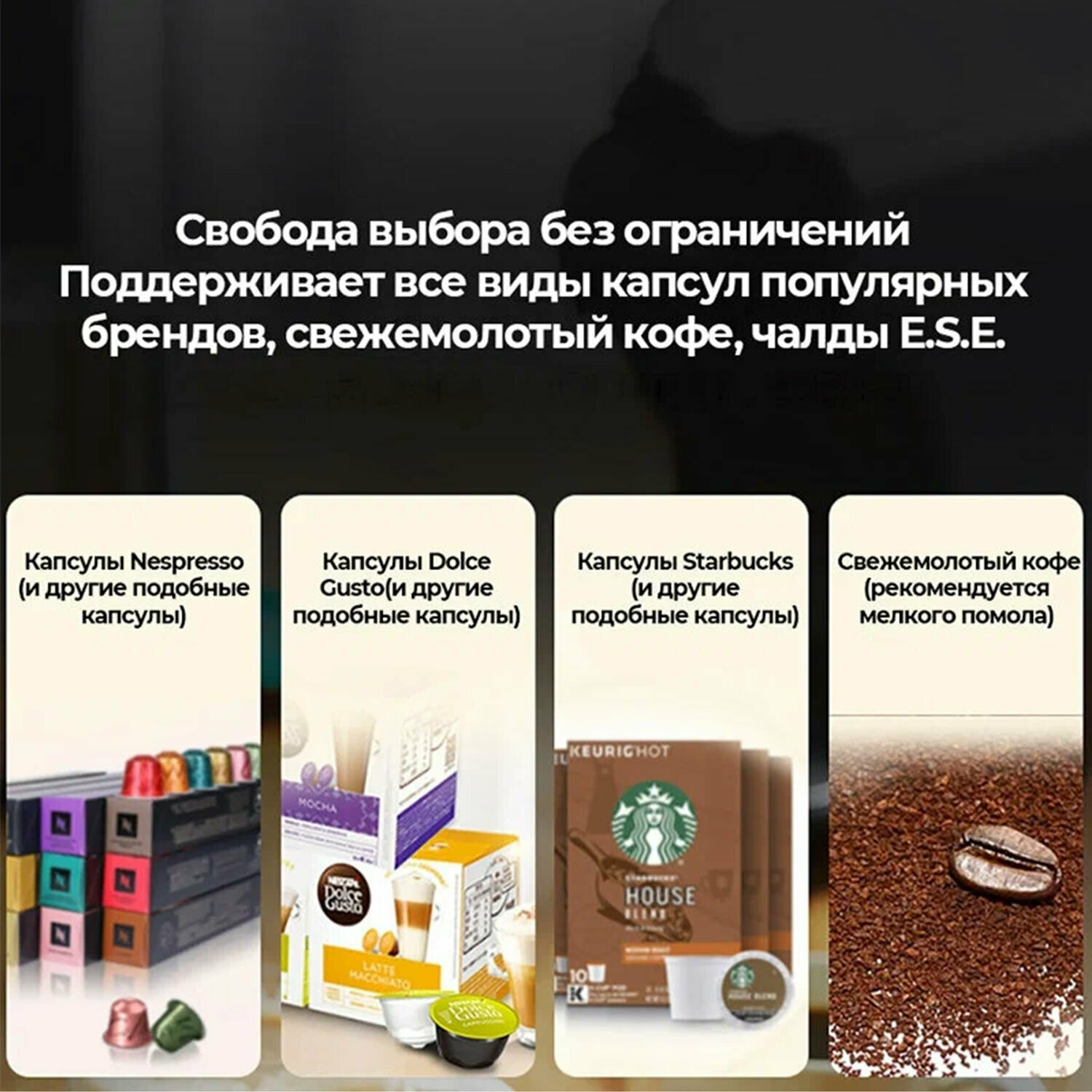 Кофемашина капсульная 4 в 1 NESPRESSO/DOLCEGUSTO/чалды/молотый HIBREW H1A, 1450 Вт, объем 0,7 л, черная - фотография № 4