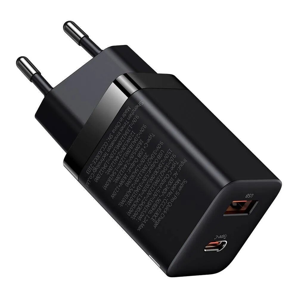 Зарядное устройство BASEUS Super Si Pro USB+Type-C, 3A, 30W, черный (CCSUPP-E01)