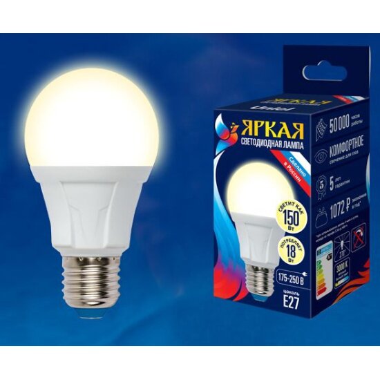 Светодиодная лампа Uniel LED-A60 18W/3000K/E27/FR PLP01WH Форма «А», матовая. Серия Яркая. Теплый белый свет (3000K). Картон. ТМ .