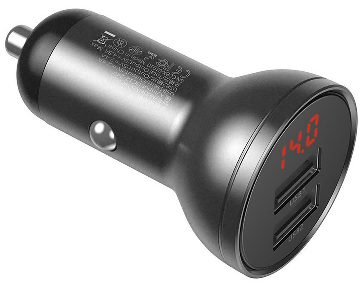 Автомобильная зарядка в прикуриватель с дисплеем Baseus Digital Display Dual USB 4.8A Car Charger 24W grey