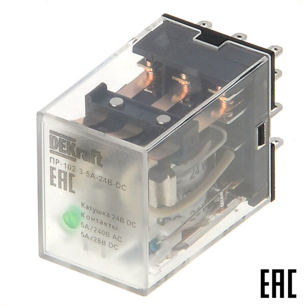фото Реле промежуточное ПР-102-3-5A-24В-DC 23870DEK DC24В 5А 3 переключающихся контакта LED DEKraft (2 шт. в комплекте)