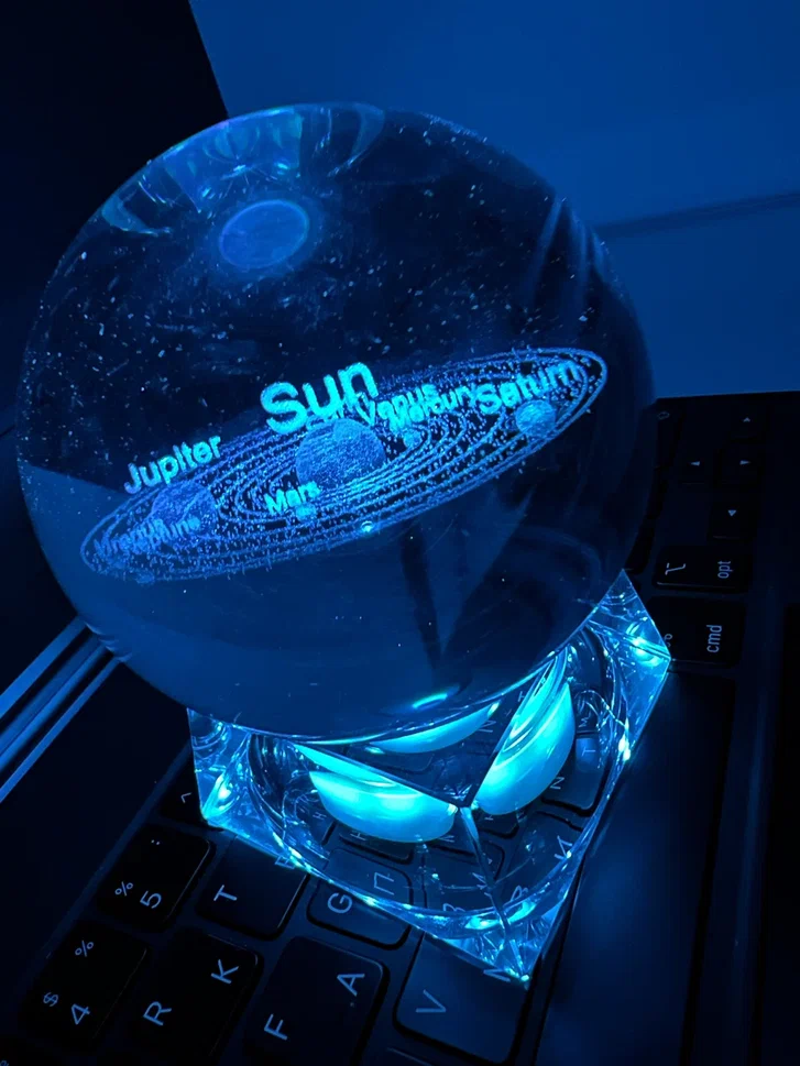 Хрустальный шар большой (диаметр 7 см), 3D светильник настольный "Солнечная система" / Синий - фотография № 1