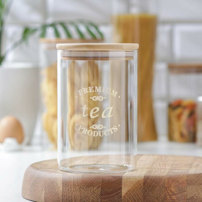 Банка стеклянная для сыпучих продуктов с бамбуковой крышкой «Эко. Чай», 1 л, 10×15 см - фотография № 1