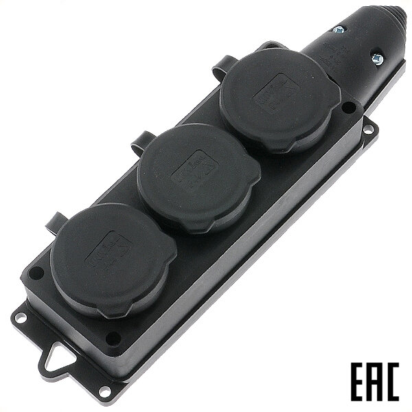 фото Блок UNIVersal 1323 3 розетки "евр" кабельный с крышками резиновый черный IP44 (2 шт. в комплекте)