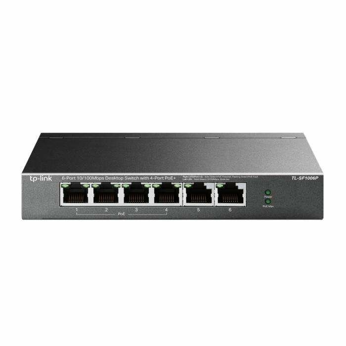 TP-Link TL-SF1006P 4-портовый 10/100 Мбит/с неуправляемый коммутатор PoE+ с 2 Uplink-портами 10/100 Мбит