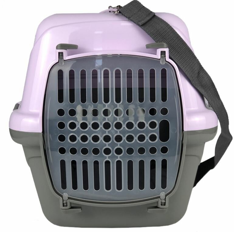 фото Зооэкспресс Переноска для животных "Турне" с прозрачной пластиковой дверцей, (коврик+ремень), 54,5*36*34см, фиолетовая 1.7 кг